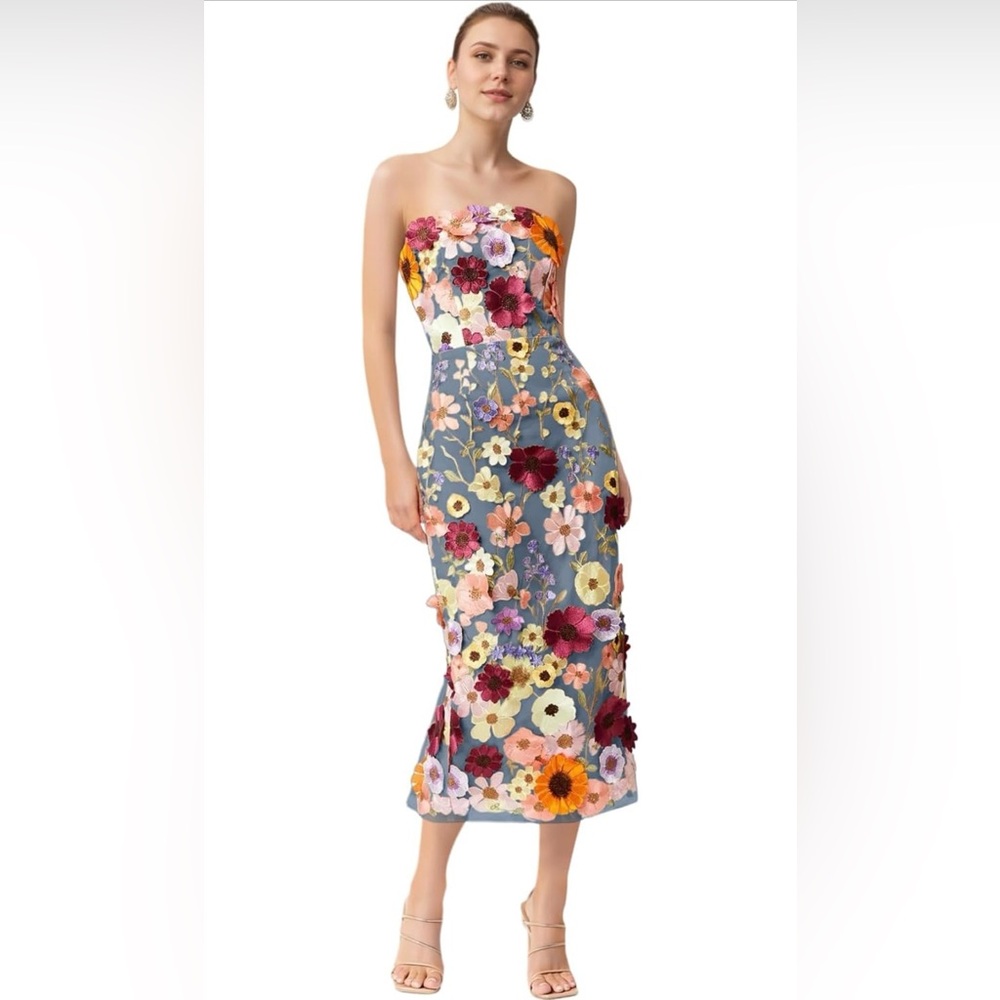 Floral Strapless Embroidered Sheath Dress in Slate Blue